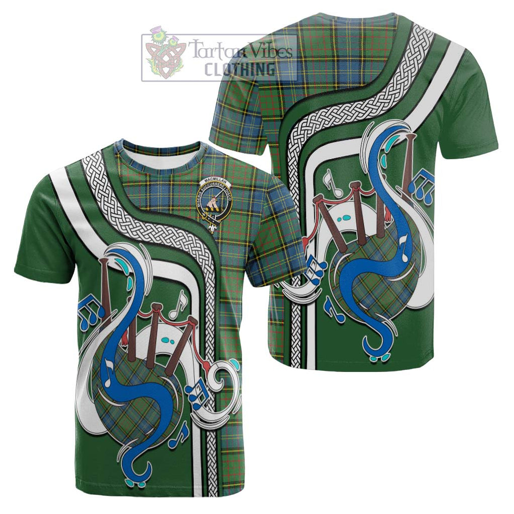 Tartan Vibes Clothing MacMillan Hunting Ancient Tartan Cotton T-shirt with Epic Bagpipe Style