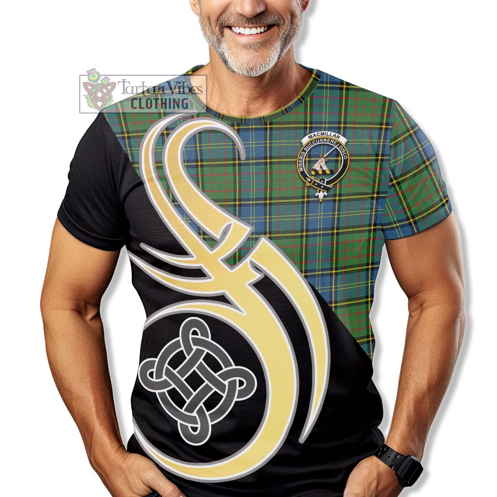 Tartan Vibes Clothing MacMillan Hunting Ancient Tartan T-Shirt with Family Crest and Celtic Symbol Style