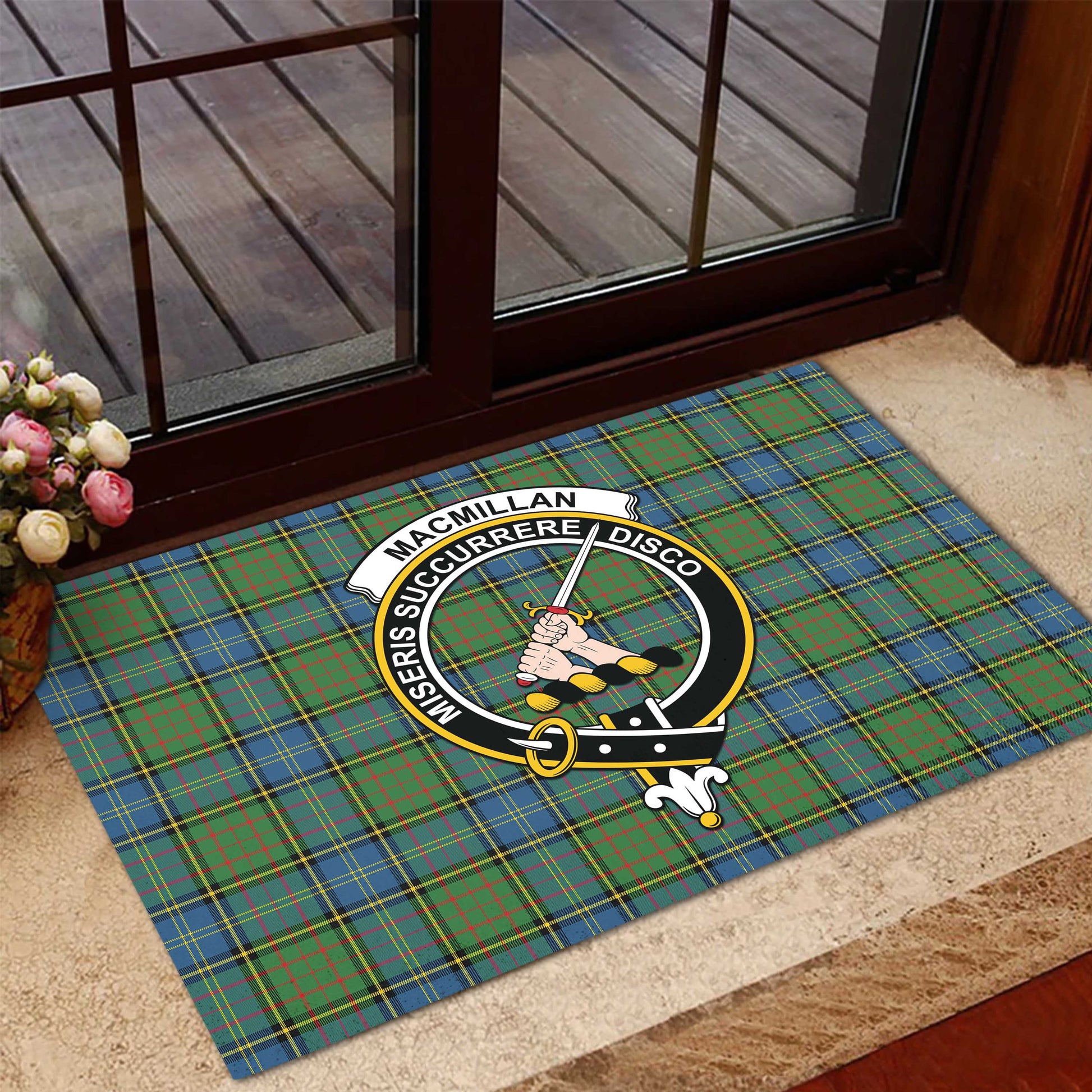 MacMillan Hunting Ancient Tartan Door Mat with Family Crest - Tartanvibesclothing