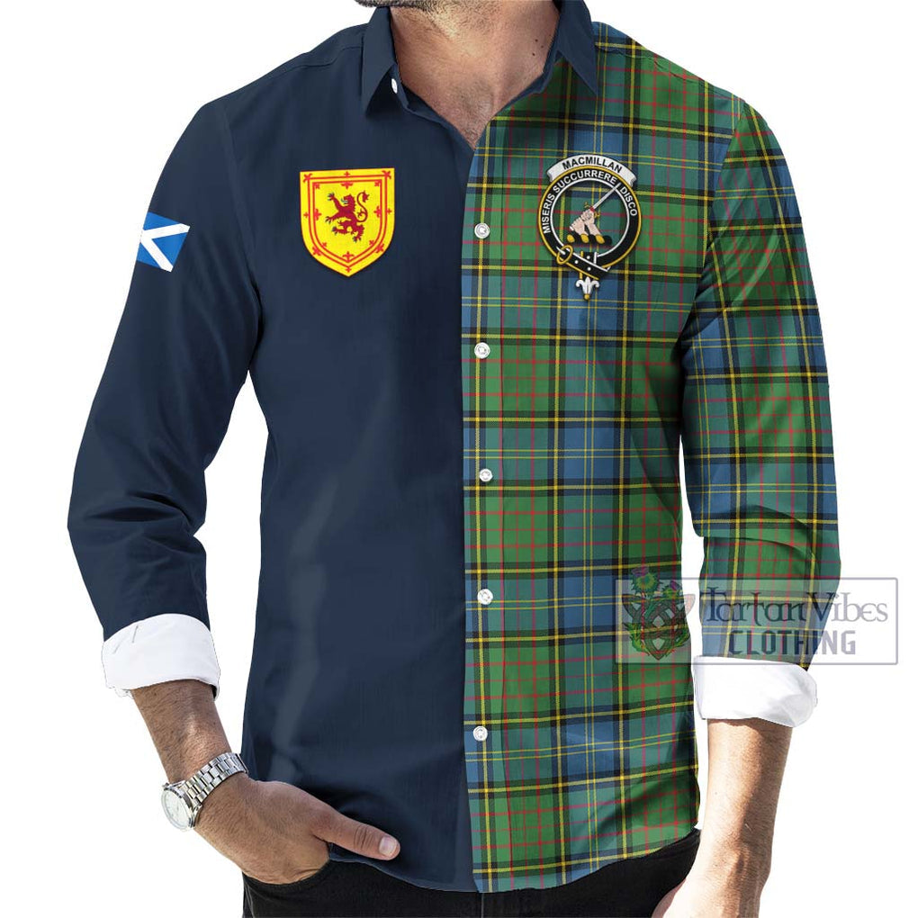 Tartan Vibes Clothing MacMillan Hunting Ancient Tartan Long Sleeve Button Shirt with Scottish Lion Royal Arm Half Style