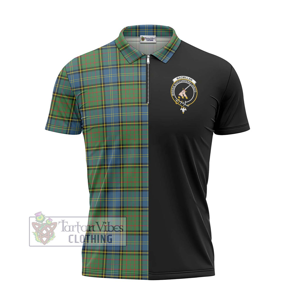 MacMillan Hunting Ancient Tartan Zipper Polo Shirt with Family Crest and Half Of Me Style - Tartanvibesclothing Shop