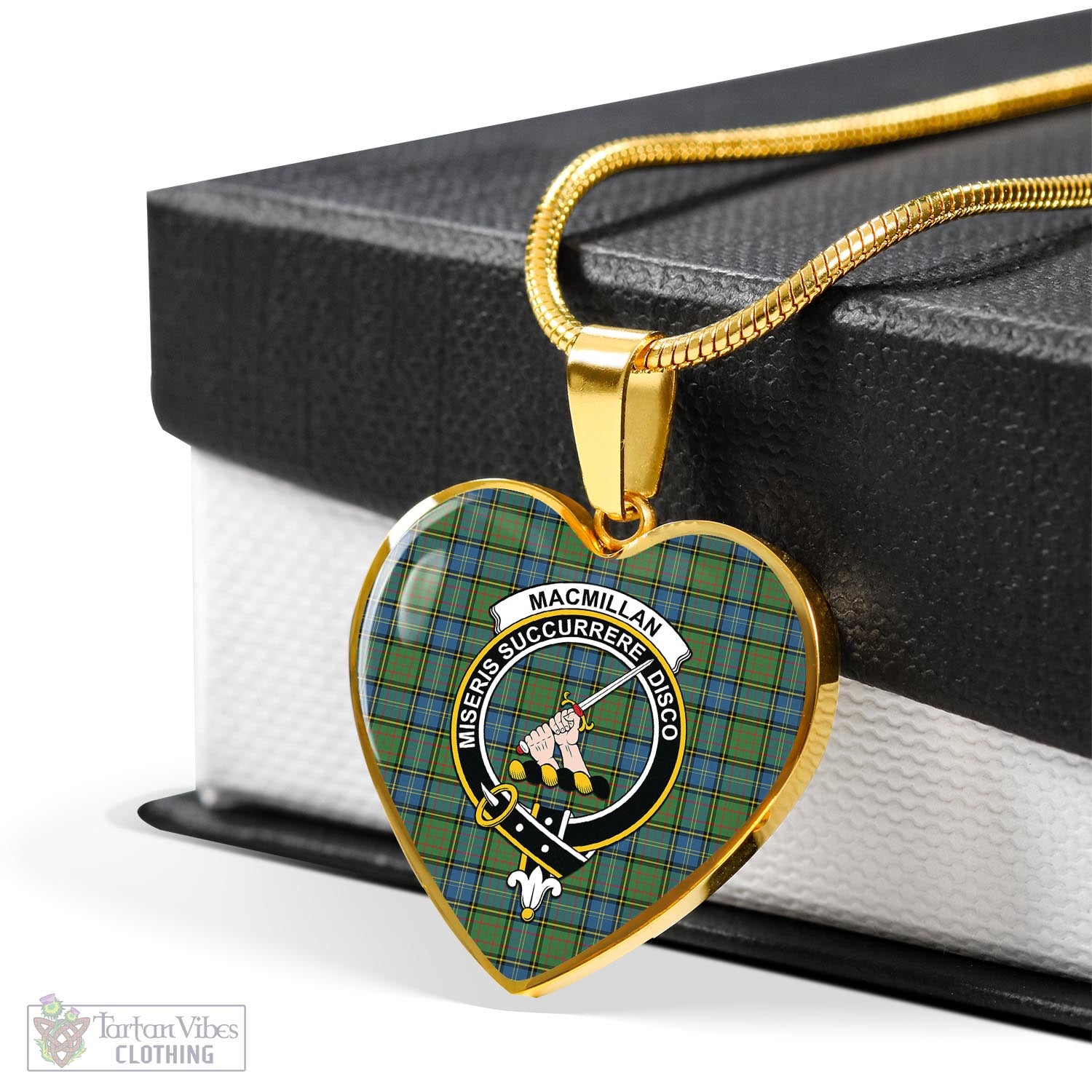 Tartan Vibes Clothing MacMillan Hunting Ancient Tartan Heart Necklace with Family Crest