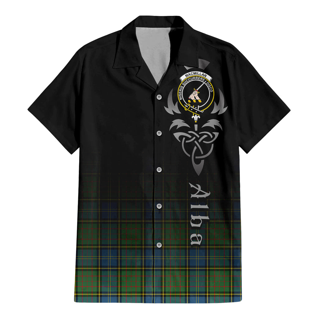 Tartan Vibes Clothing MacMillan Hunting Ancient Tartan Short Sleeve Button Up Featuring Alba Gu Brath Family Crest Celtic Inspired