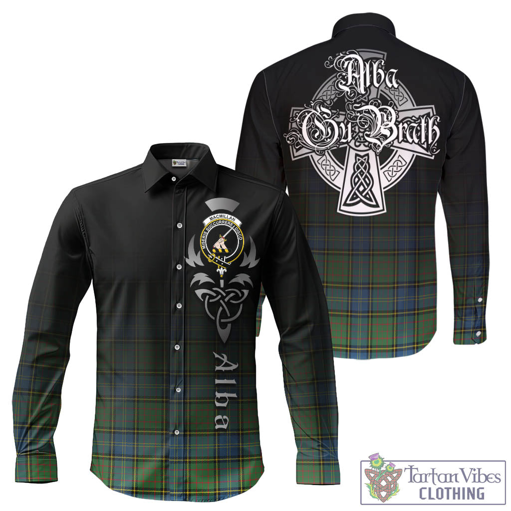 Tartan Vibes Clothing MacMillan Hunting Ancient Tartan Long Sleeve Button Up Featuring Alba Gu Brath Family Crest Celtic Inspired