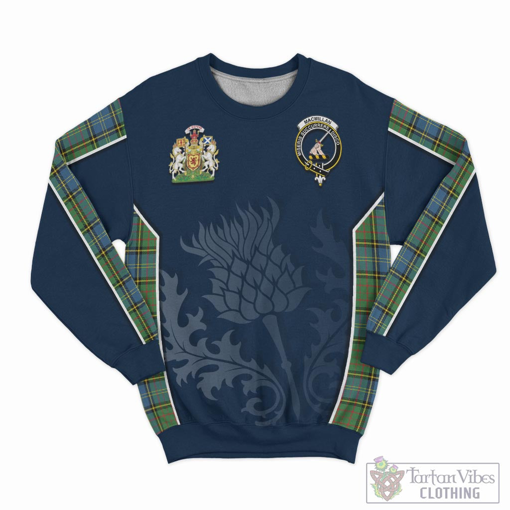 Tartan Vibes Clothing MacMillan Hunting Ancient Tartan Sweatshirt with Family Crest and Scottish Thistle Vibes Sport Style