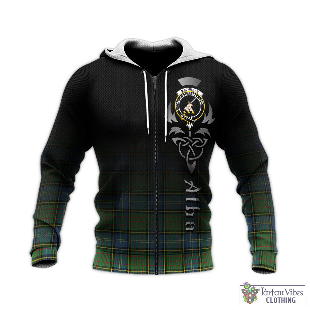 Tartan Vibes Clothing MacMillan Hunting Ancient Tartan Knitted Hoodie Featuring Alba Gu Brath Family Crest Celtic Inspired