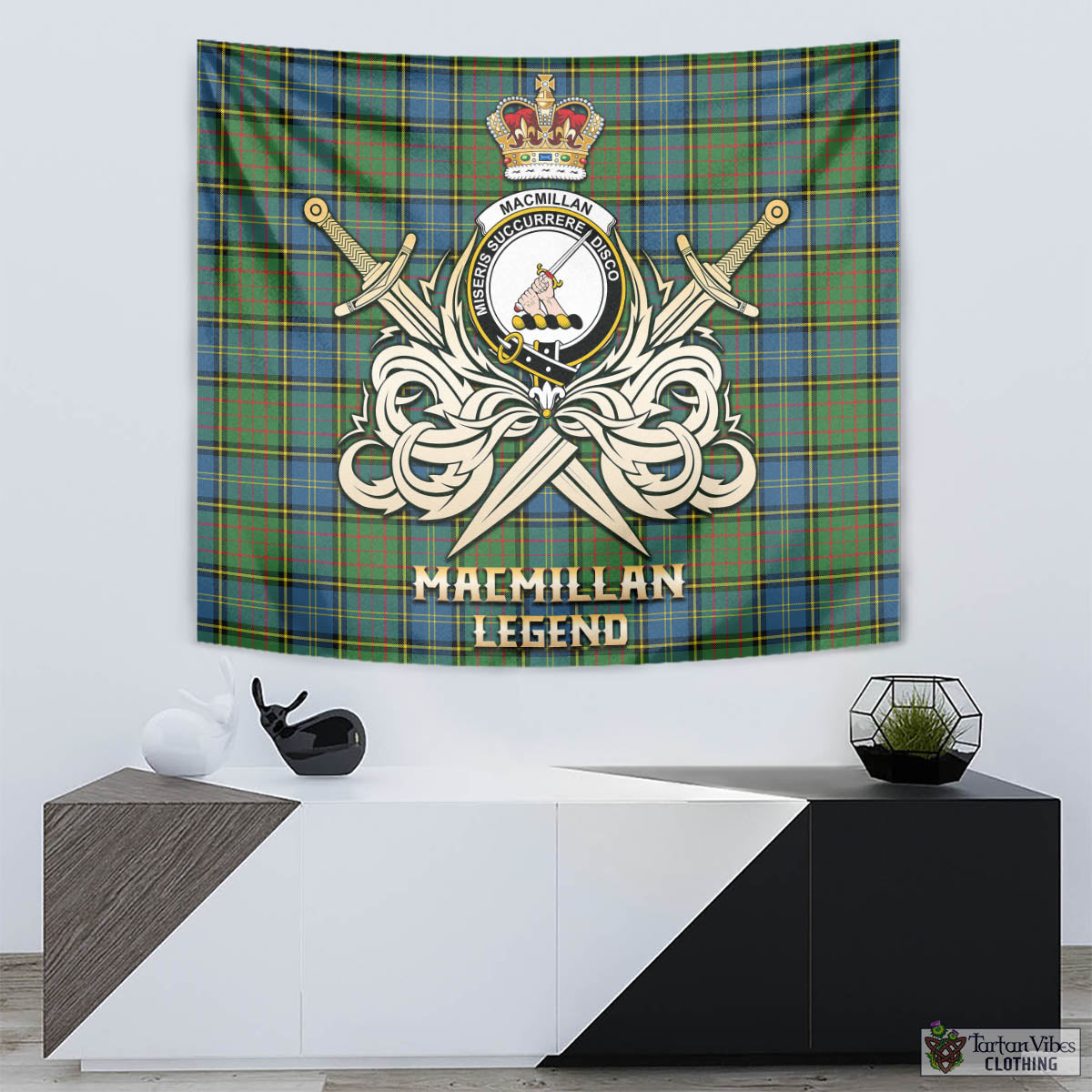 Tartan Vibes Clothing MacMillan Hunting Ancient Tartan Tapestry with Clan Crest and the Golden Sword of Courageous Legacy