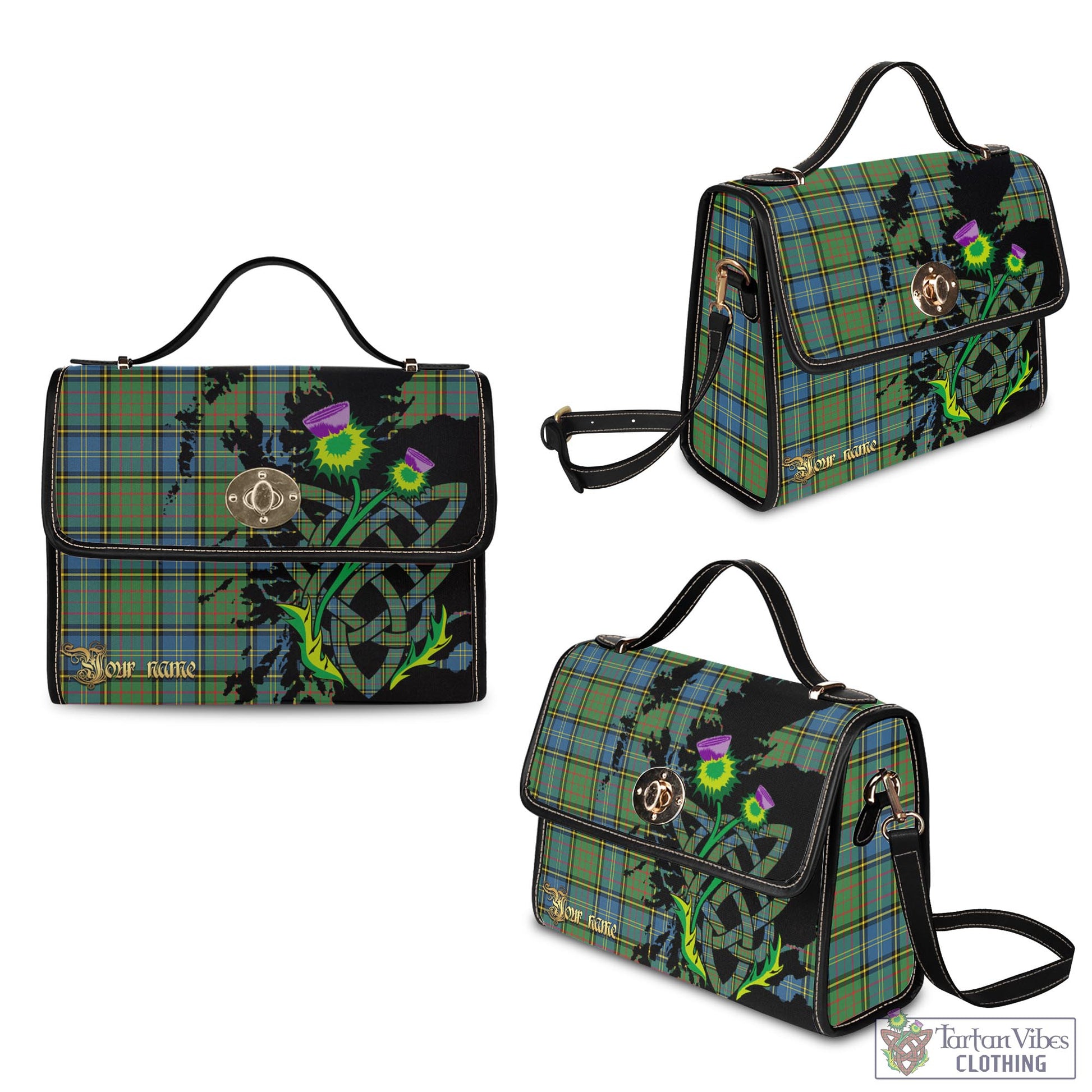 Tartan Vibes Clothing MacMillan Hunting Ancient Tartan Waterproof Canvas Bag with Scotland Map and Thistle Celtic Accents