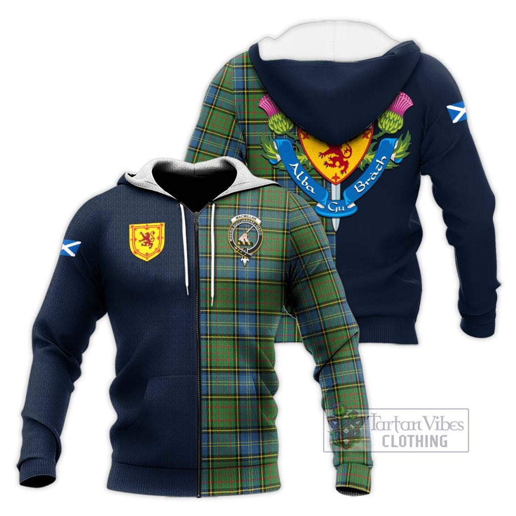 Tartan Vibes Clothing MacMillan Hunting Ancient Tartan Knitted Hoodie with Scottish Lion Royal Arm Half Style