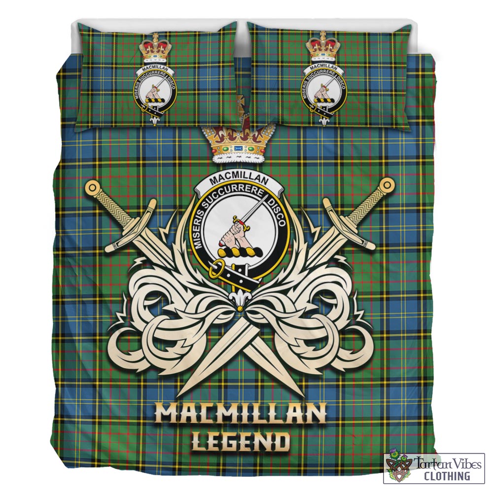 Tartan Vibes Clothing MacMillan Hunting Ancient Tartan Bedding Set with Clan Crest and the Golden Sword of Courageous Legacy