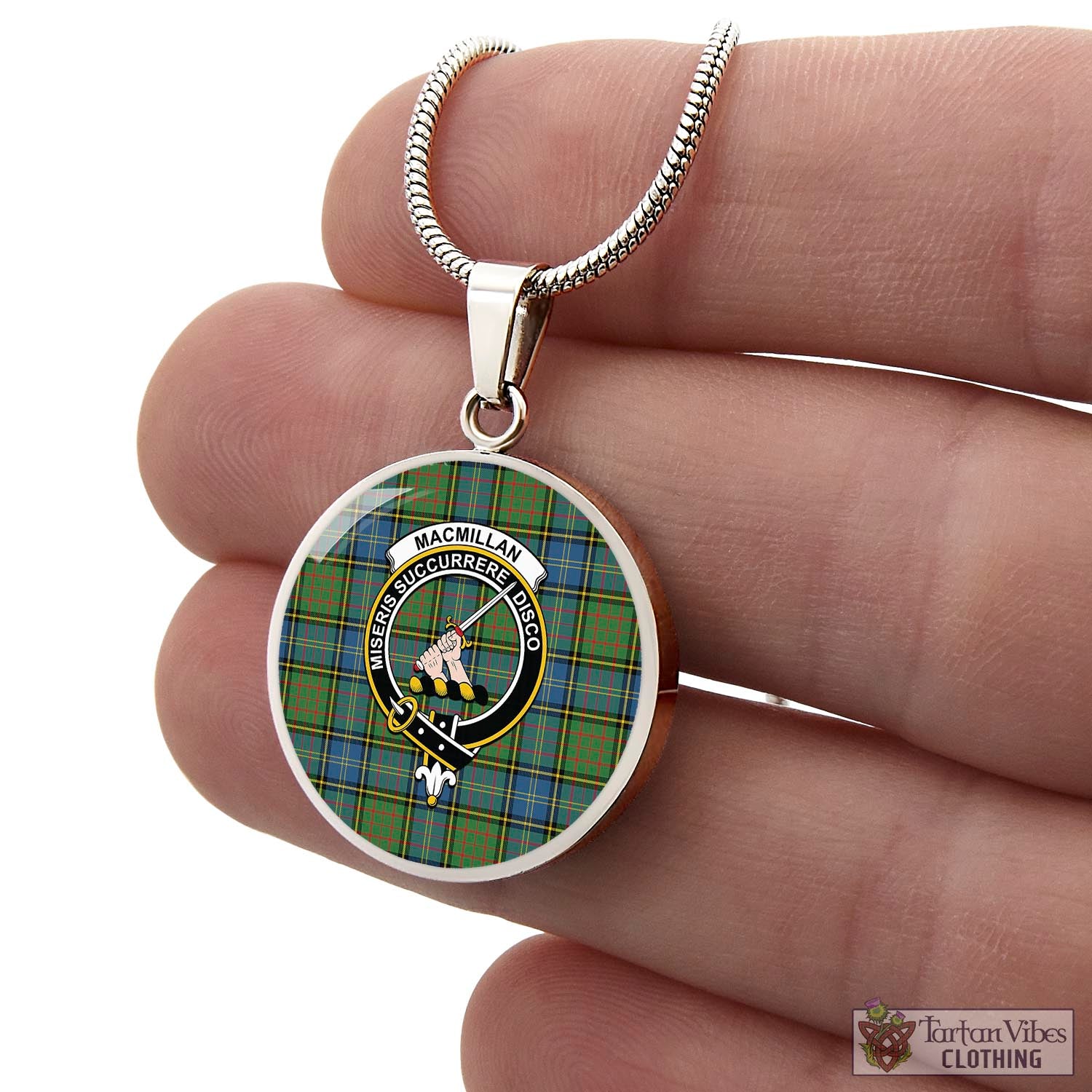 Tartan Vibes Clothing MacMillan Hunting Ancient Tartan Circle Necklace with Family Crest