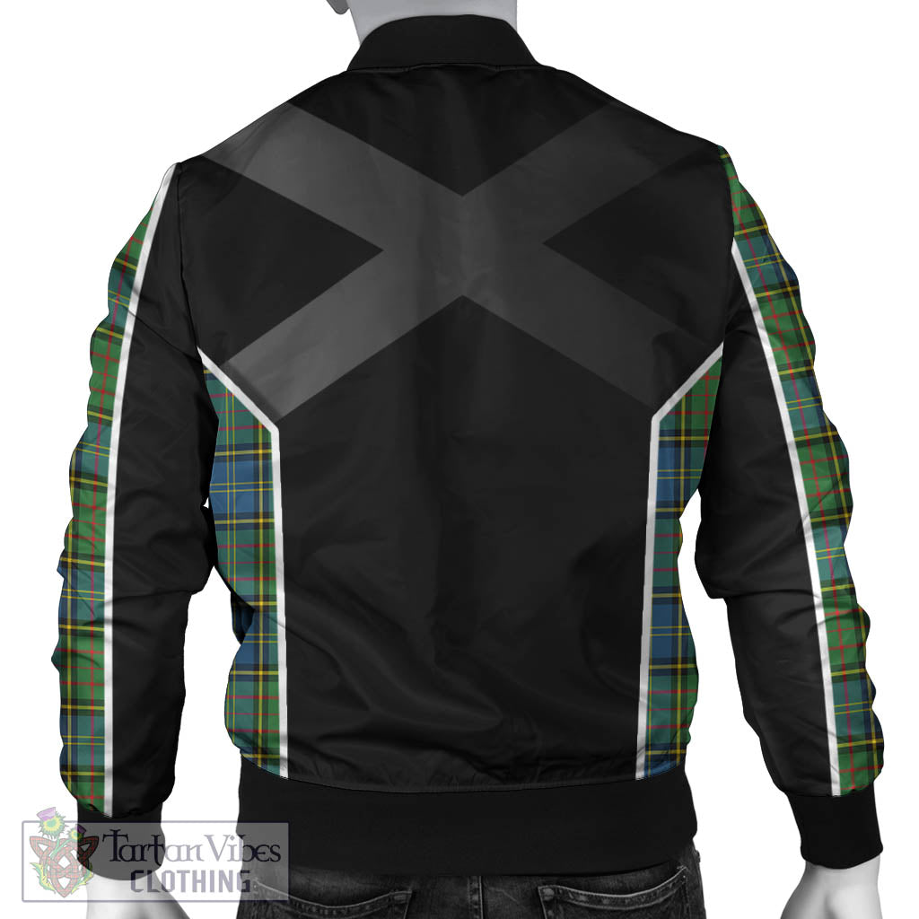 Tartan Vibes Clothing MacMillan Hunting Ancient Tartan Bomber Jacket with Family Crest and Scottish Thistle Vibes Sport Style