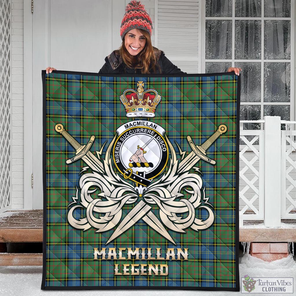 Tartan Vibes Clothing MacMillan Hunting Ancient Tartan Quilt with Clan Crest and the Golden Sword of Courageous Legacy