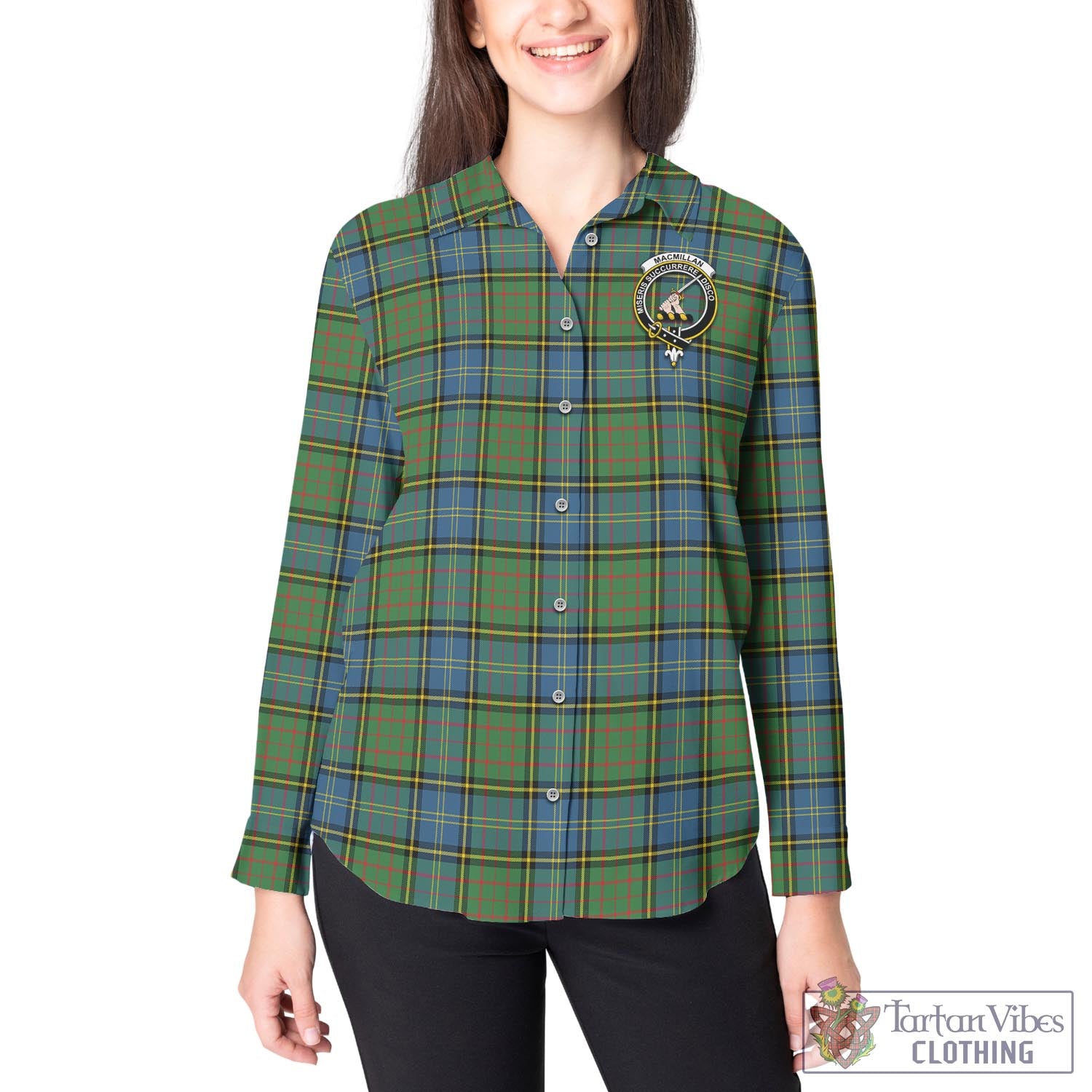 Tartan Vibes Clothing MacMillan Hunting Ancient Tartan Womens Casual Shirt with Family Crest