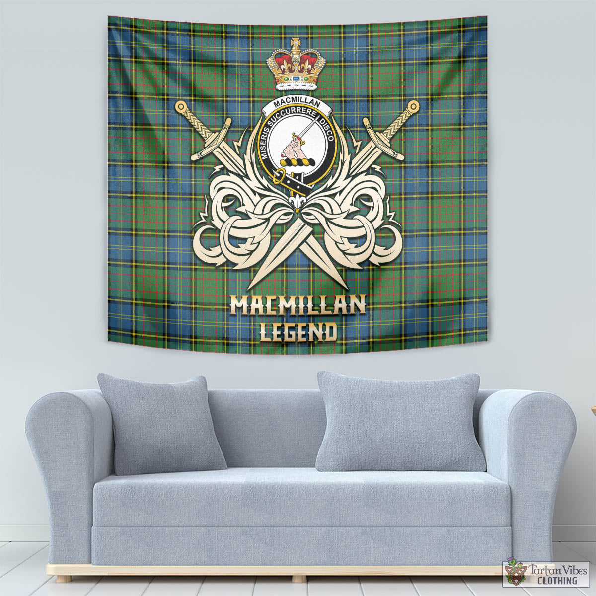 Tartan Vibes Clothing MacMillan Hunting Ancient Tartan Tapestry with Clan Crest and the Golden Sword of Courageous Legacy