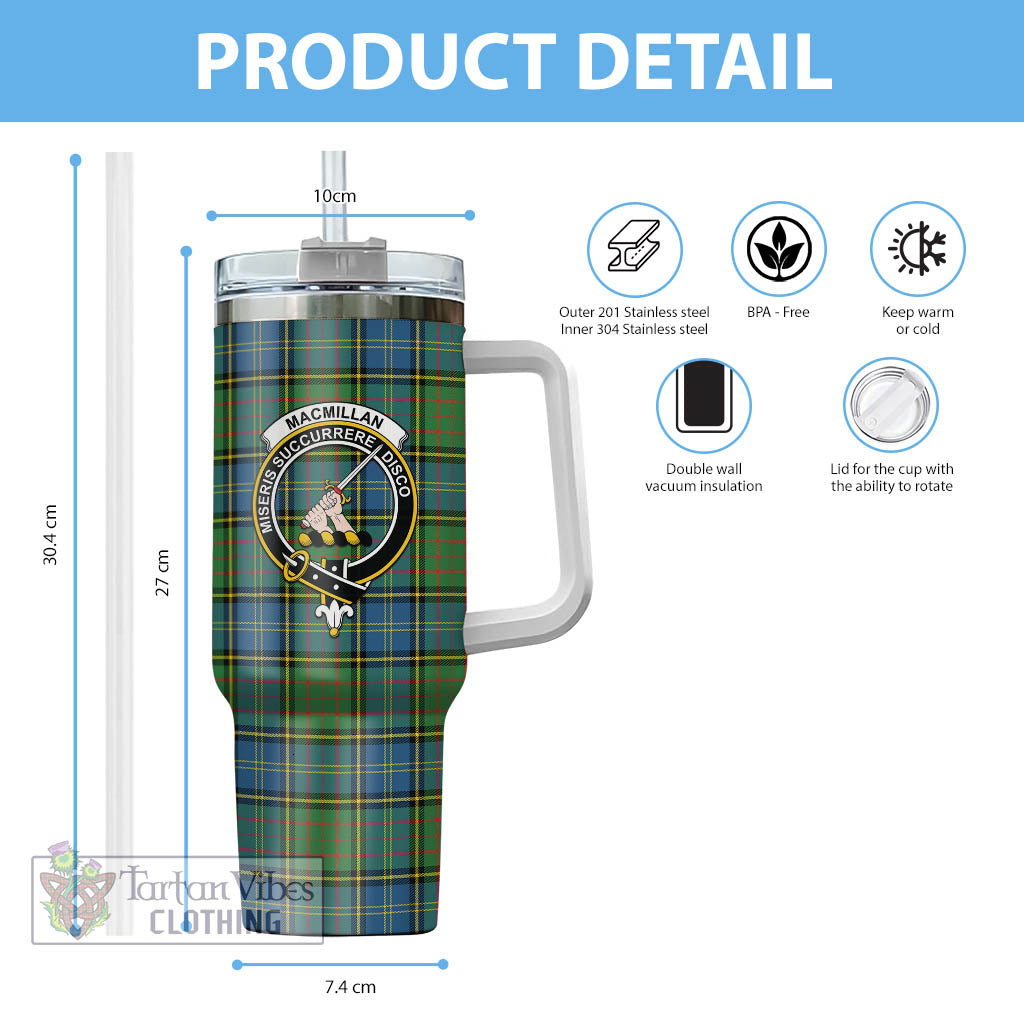 Tartan Vibes Clothing MacMillan Hunting Ancient Tartan and Family Crest Tumbler with Handle