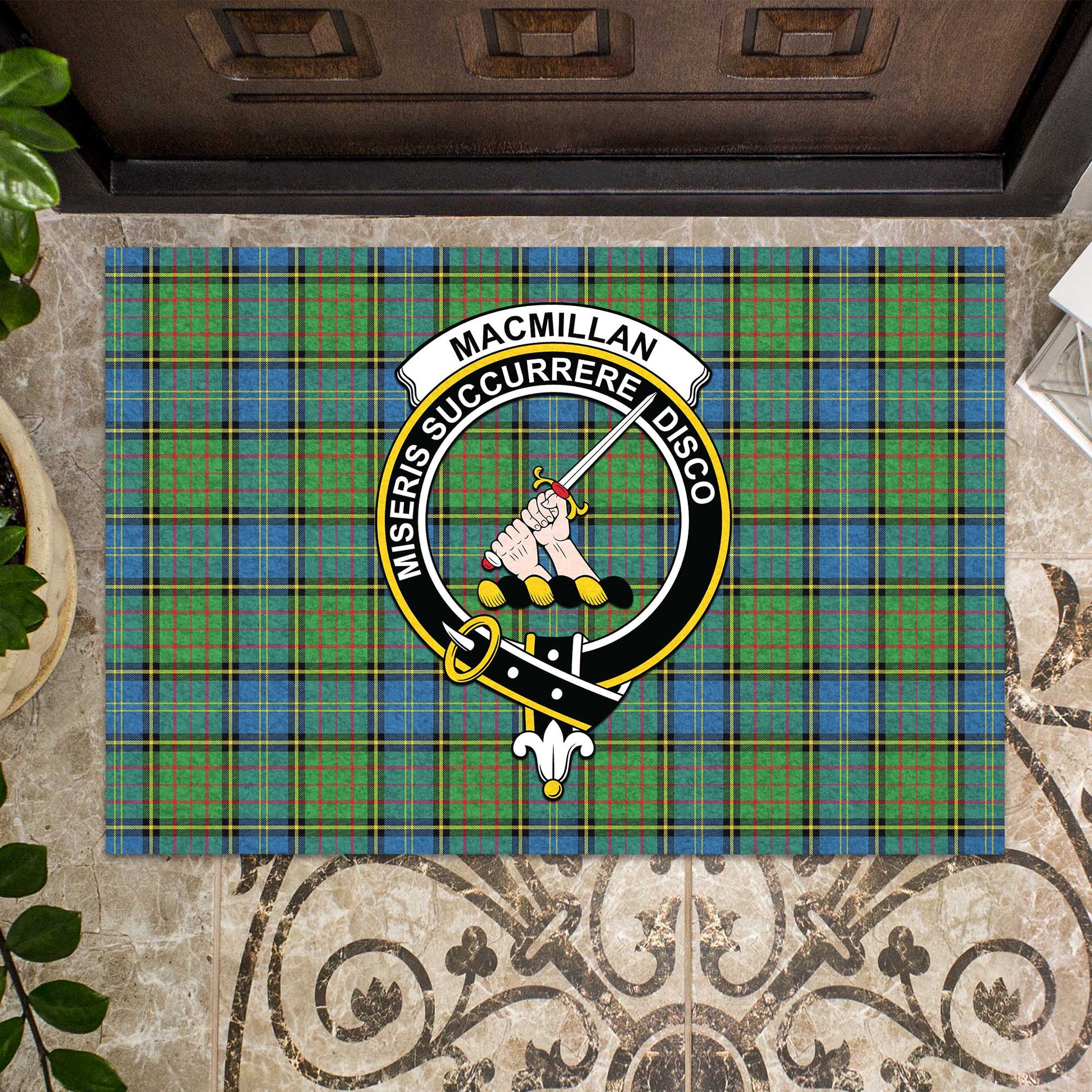 MacMillan Hunting Ancient Tartan Door Mat with Family Crest - Tartanvibesclothing