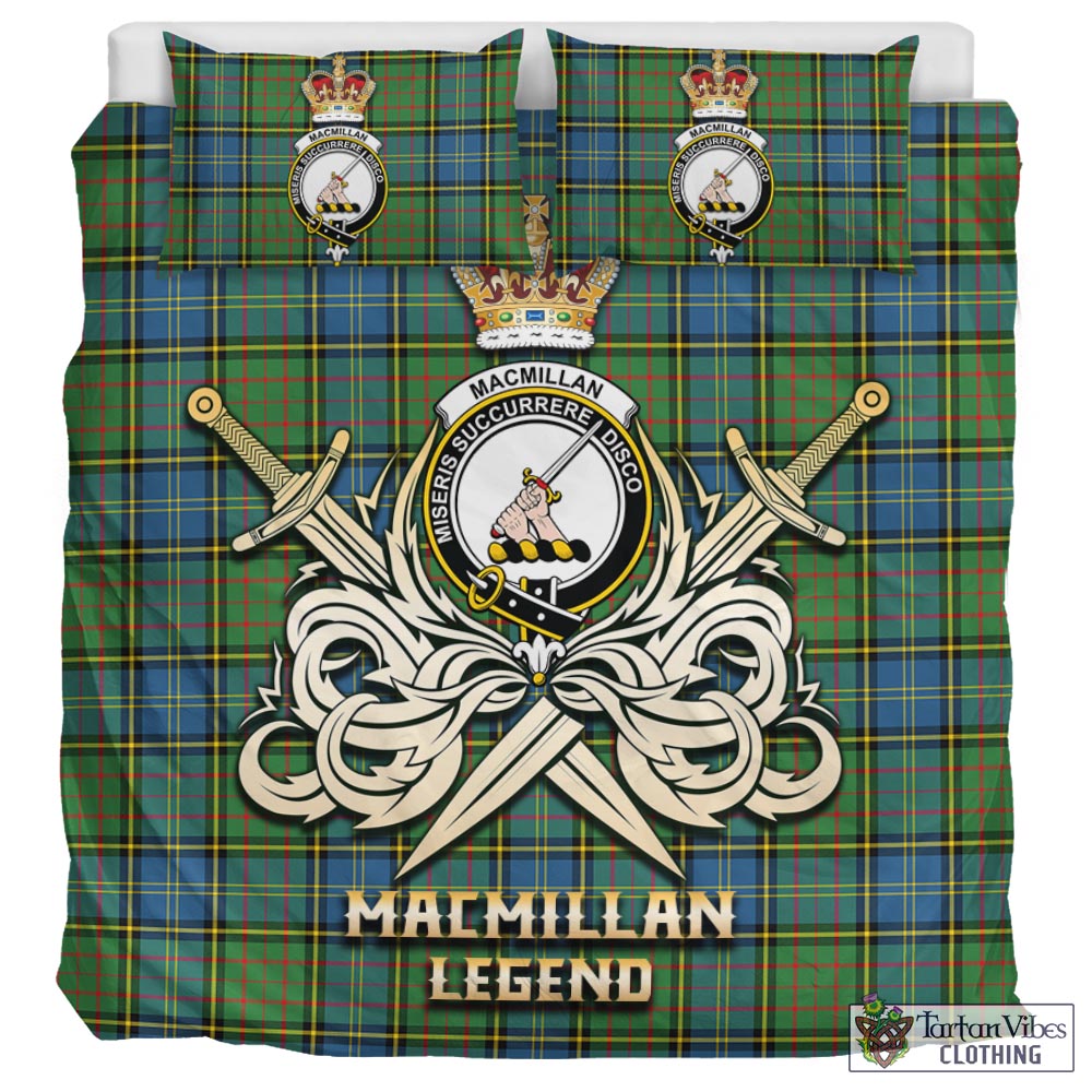 Tartan Vibes Clothing MacMillan Hunting Ancient Tartan Bedding Set with Clan Crest and the Golden Sword of Courageous Legacy