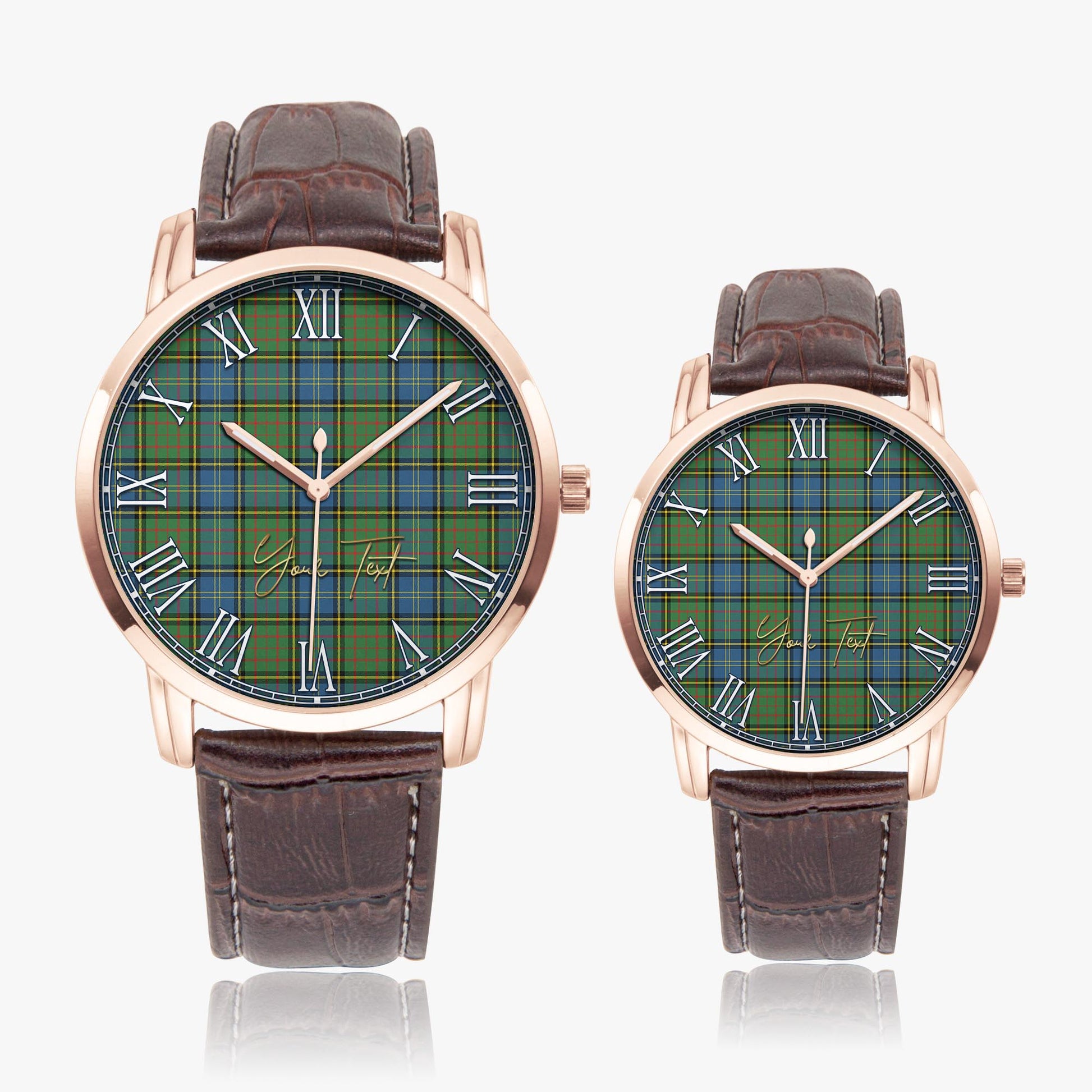 MacMillan Hunting Ancient Tartan Personalized Your Text Leather Trap Quartz Watch Wide Type Rose Gold Case With Brown Leather Strap - Tartanvibesclothing