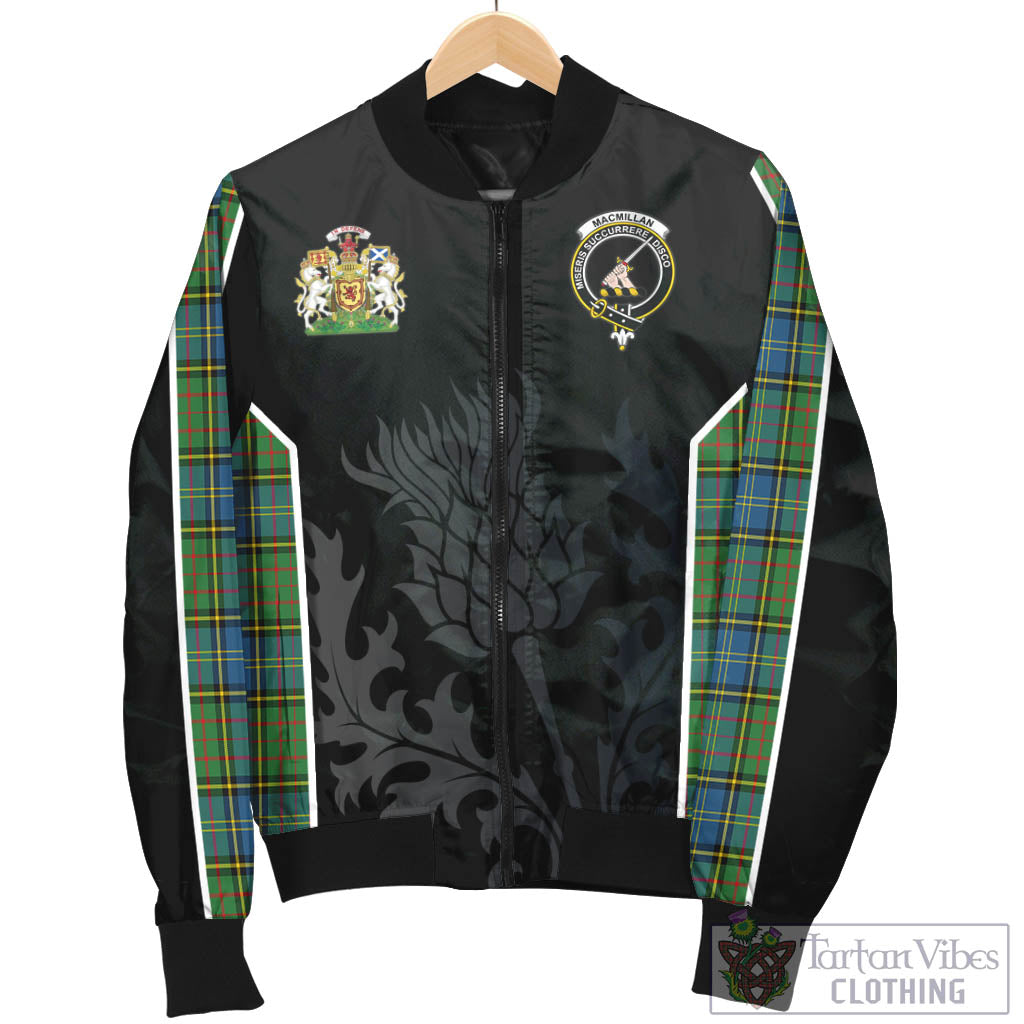 Tartan Vibes Clothing MacMillan Hunting Ancient Tartan Bomber Jacket with Family Crest and Scottish Thistle Vibes Sport Style