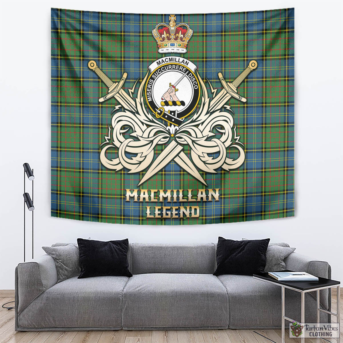 Tartan Vibes Clothing MacMillan Hunting Ancient Tartan Tapestry with Clan Crest and the Golden Sword of Courageous Legacy