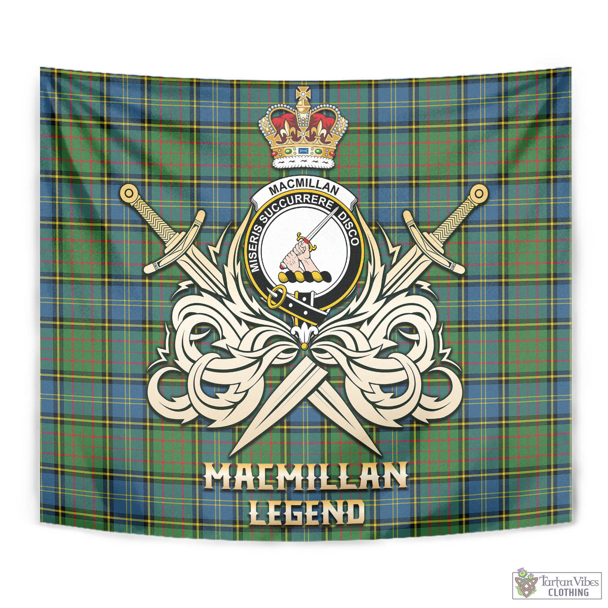 Tartan Vibes Clothing MacMillan Hunting Ancient Tartan Tapestry with Clan Crest and the Golden Sword of Courageous Legacy