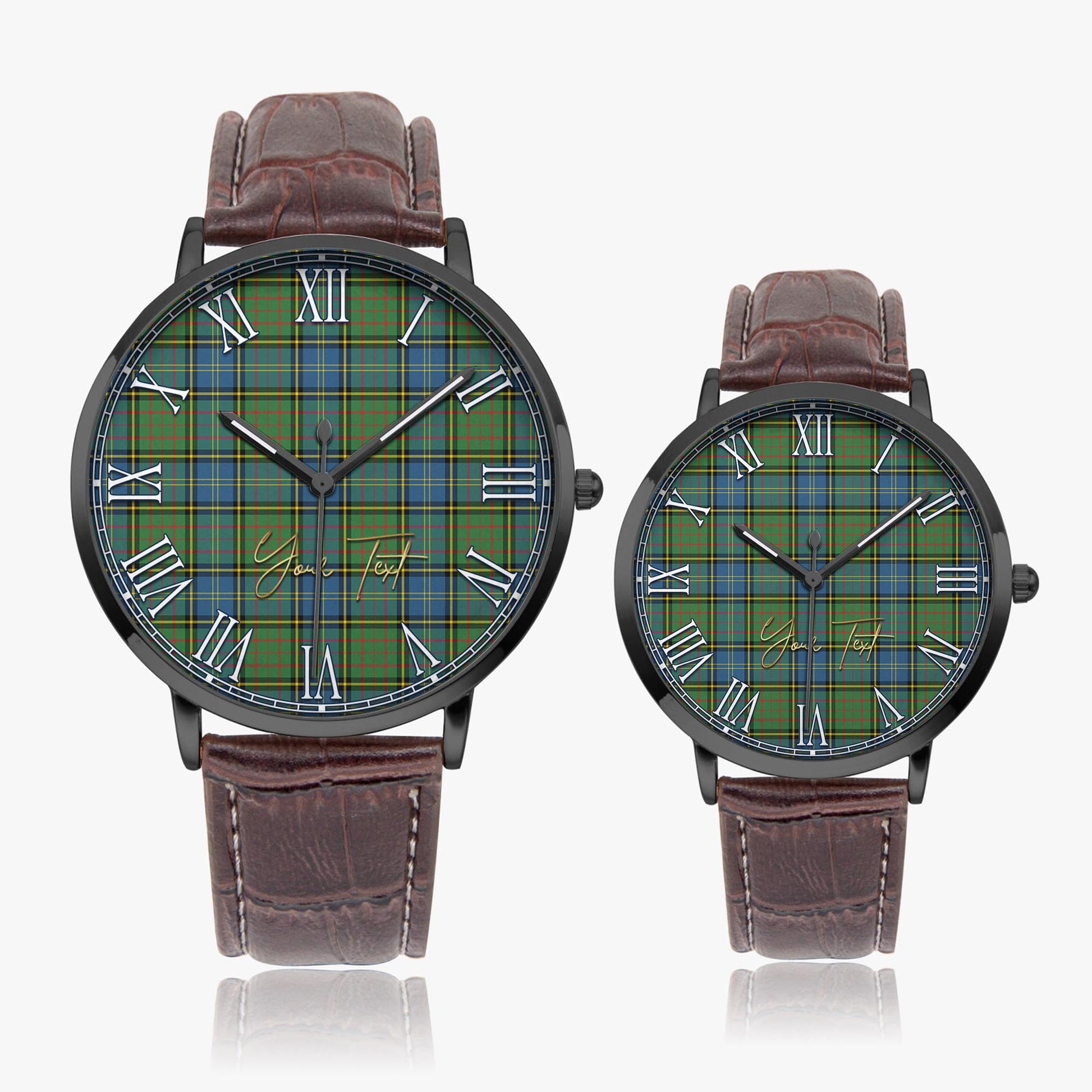 MacMillan Hunting Ancient Tartan Personalized Your Text Leather Trap Quartz Watch Ultra Thin Black Case With Brown Leather Strap - Tartanvibesclothing