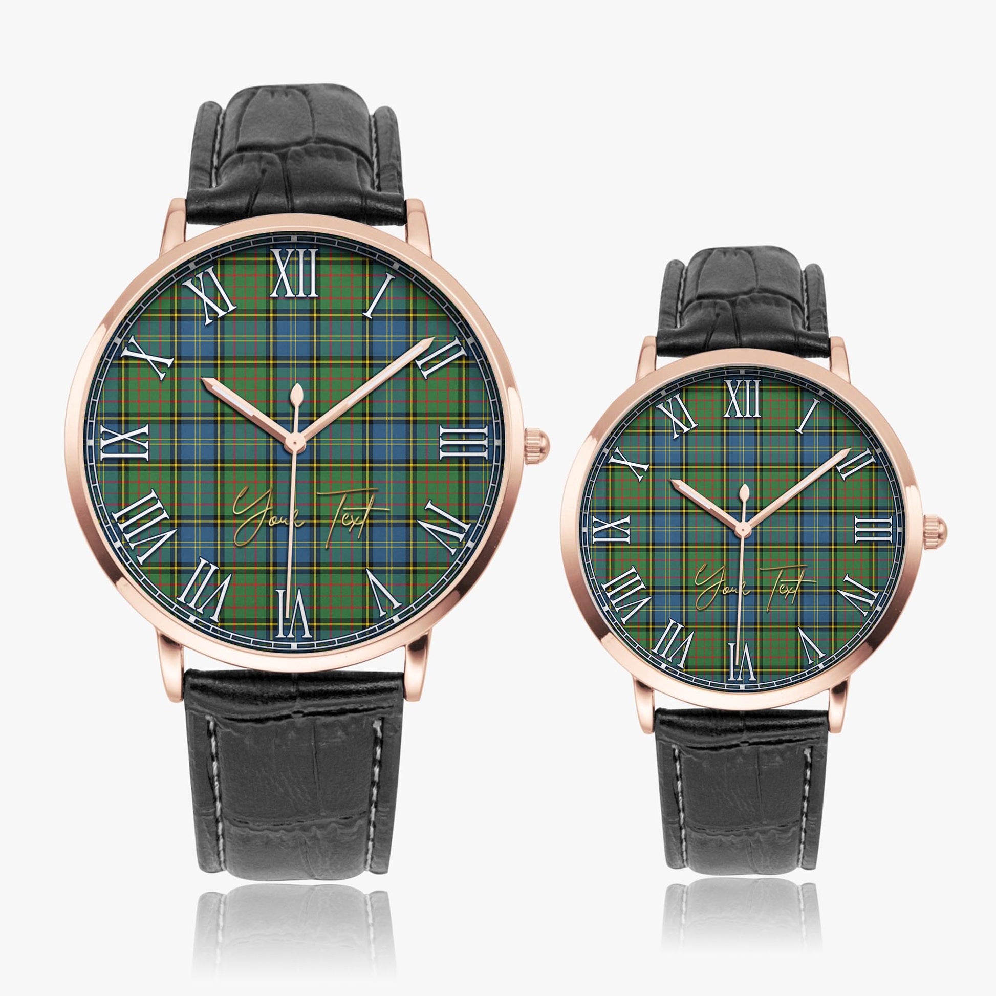 MacMillan Hunting Ancient Tartan Personalized Your Text Leather Trap Quartz Watch Ultra Thin Rose Gold Case With Black Leather Strap - Tartanvibesclothing