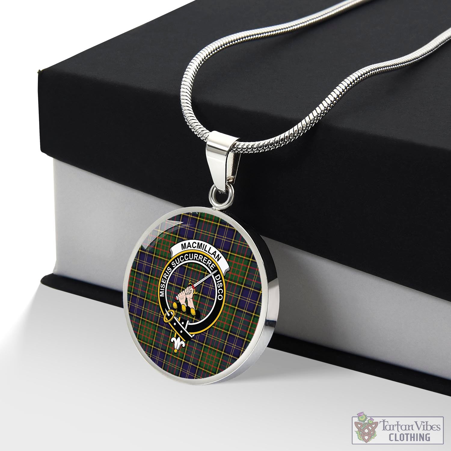 Tartan Vibes Clothing MacMillan Hunting Modern Tartan Circle Necklace with Family Crest