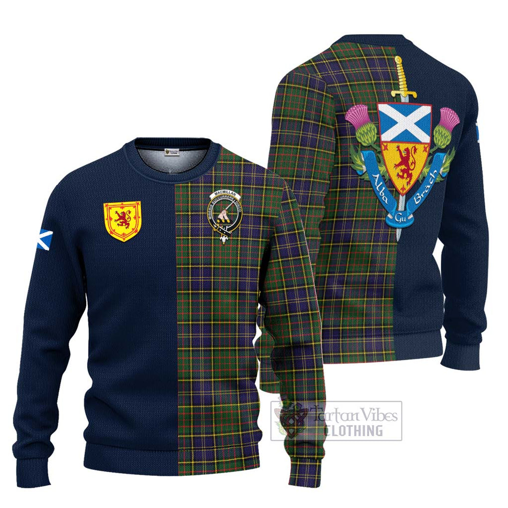 Tartan Vibes Clothing MacMillan Hunting Modern Tartan Knitted Sweater with Scottish Lion Royal Arm Half Style