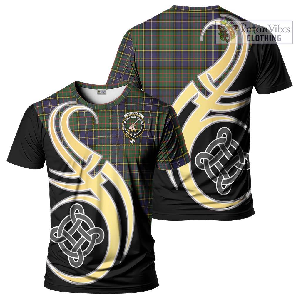 Tartan Vibes Clothing MacMillan Hunting Modern Tartan T-Shirt with Family Crest and Celtic Symbol Style