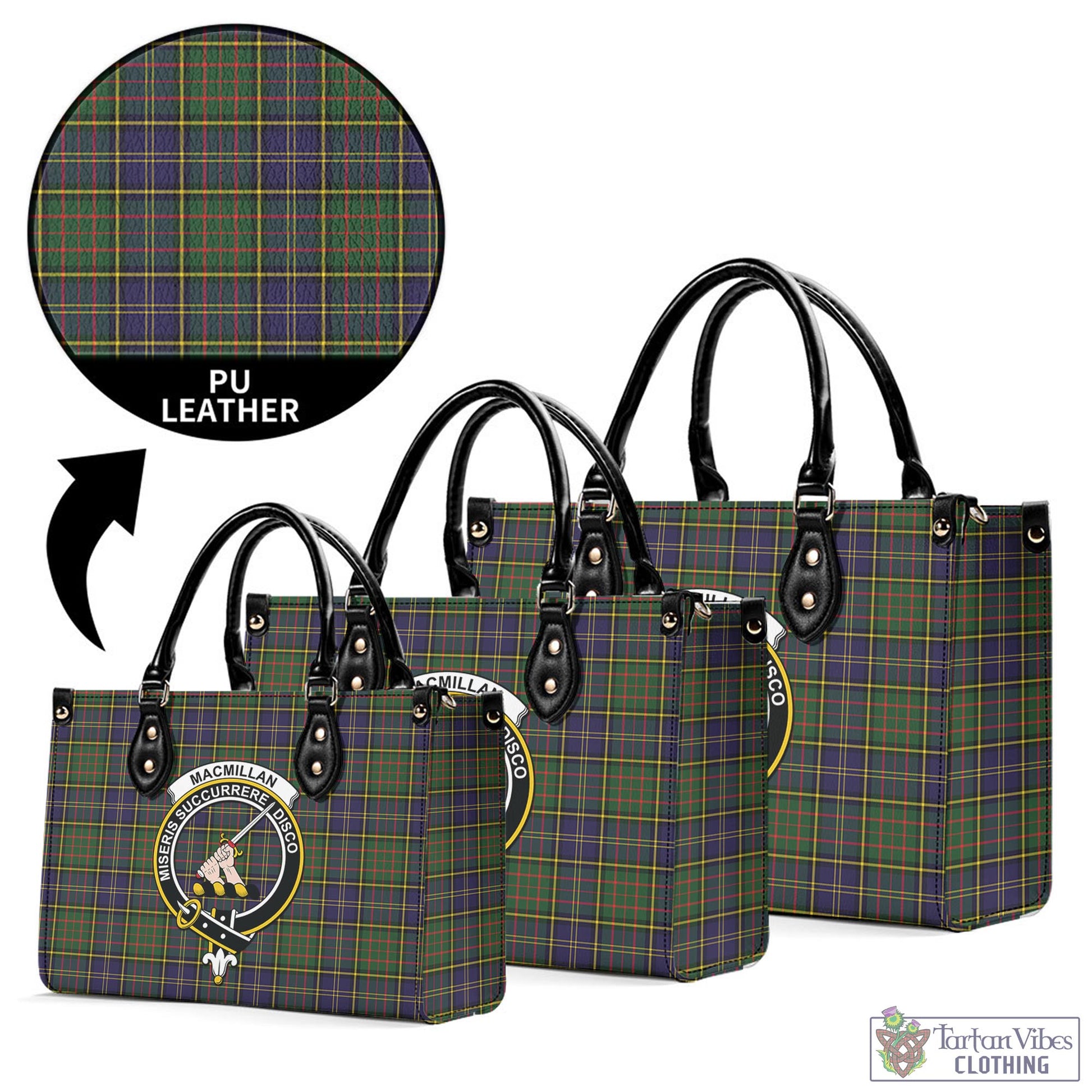 Tartan Vibes Clothing MacMillan Hunting Modern Tartan Luxury Leather Handbags with Family Crest