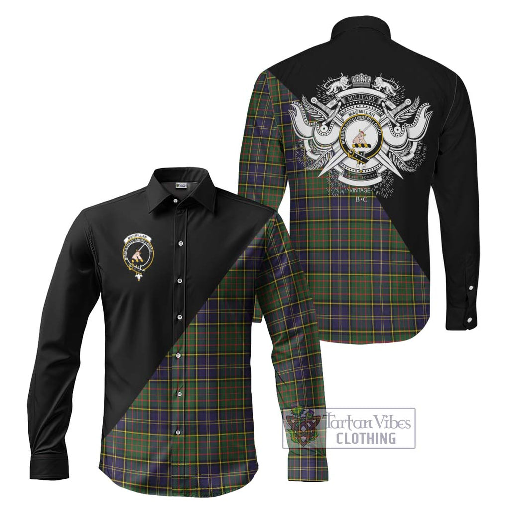 MacMillan Hunting Modern Tartan Long Sleeve Button Shirt with Family Crest and Military Logo Style Men's Shirt S - Tartanvibesclothing Shop