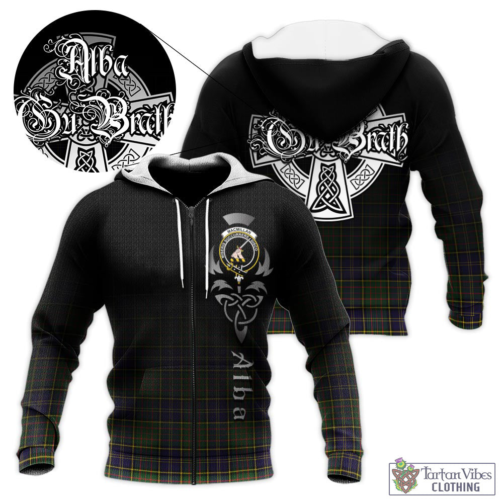 Tartan Vibes Clothing MacMillan Hunting Modern Tartan Knitted Hoodie Featuring Alba Gu Brath Family Crest Celtic Inspired