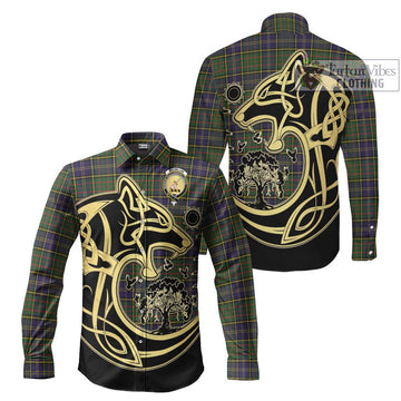 MacMillan Hunting Modern Tartan Long Sleeve Button Shirt with Family Crest Celtic Wolf Style