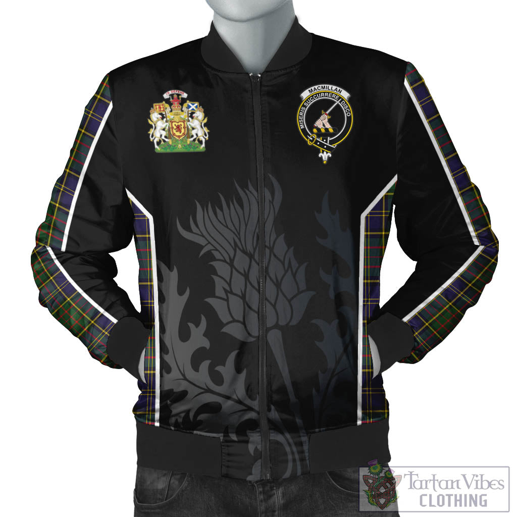 Tartan Vibes Clothing MacMillan Hunting Modern Tartan Bomber Jacket with Family Crest and Scottish Thistle Vibes Sport Style