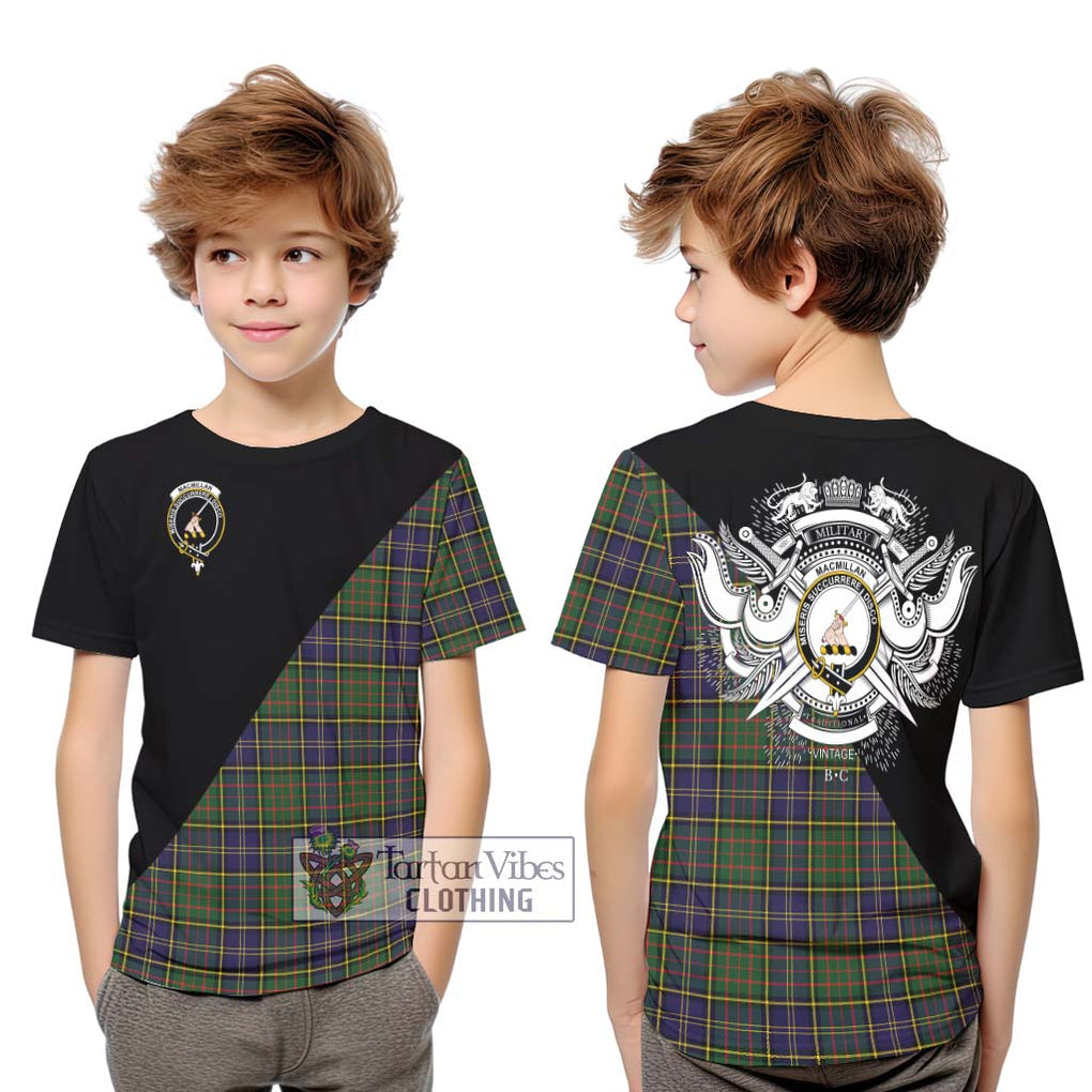 MacMillan Hunting Modern Tartan Kid T-Shirt with Family Crest and Military Logo Style Youth XL Size14 - Tartanvibesclothing Shop