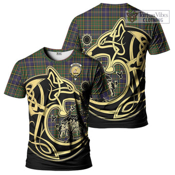 MacMillan Hunting Modern Tartan T-Shirt with Family Crest Celtic Wolf Style