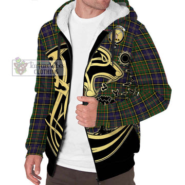 MacMillan Hunting Modern Tartan Sherpa Hoodie with Family Crest Celtic Wolf Style