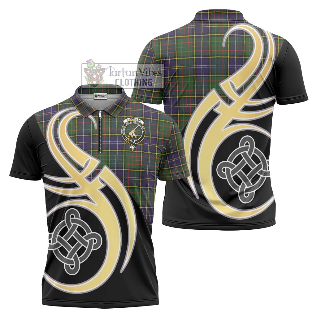 Tartan Vibes Clothing MacMillan Hunting Modern Tartan Zipper Polo Shirt with Family Crest and Celtic Symbol Style