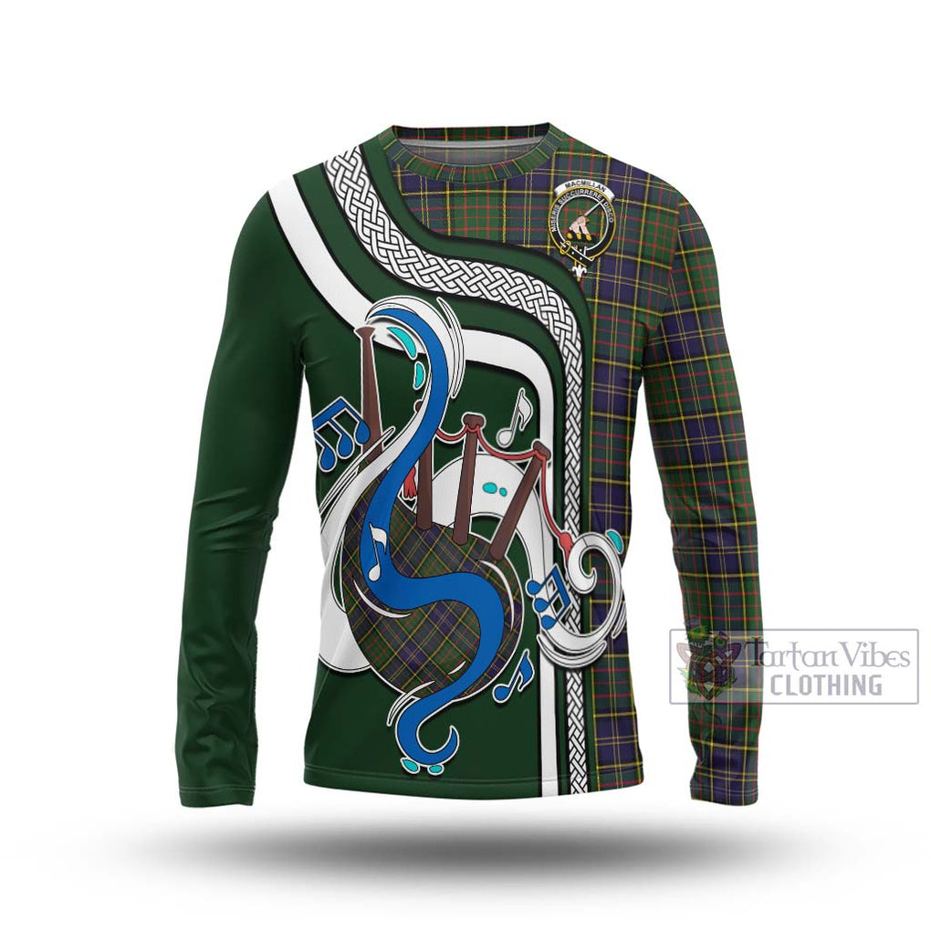 Tartan Vibes Clothing MacMillan Hunting Modern Tartan Long Sleeve T-Shirt with Epic Bagpipe Style