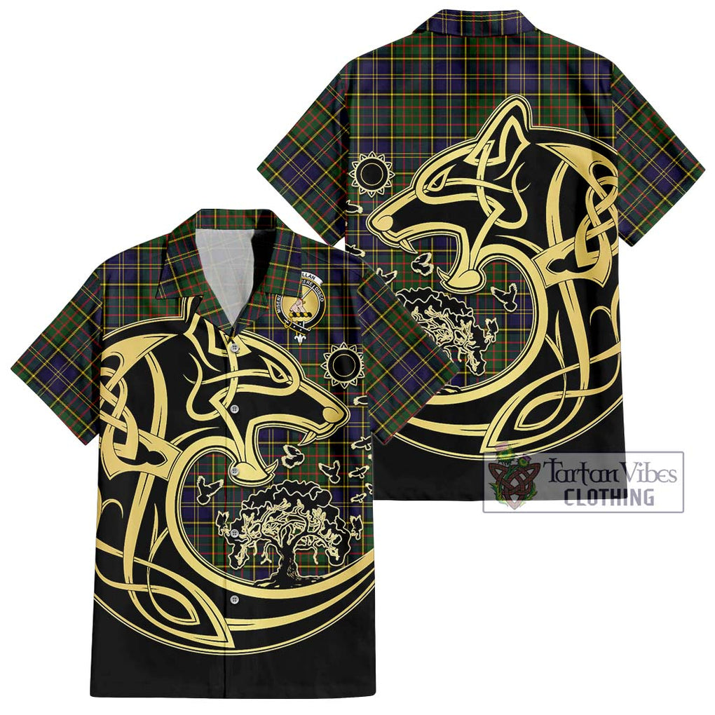 MacMillan Hunting Modern Tartan Short Sleeve Button Shirt with Family Crest Celtic Wolf Style Kid - Tartan Vibes Clothing