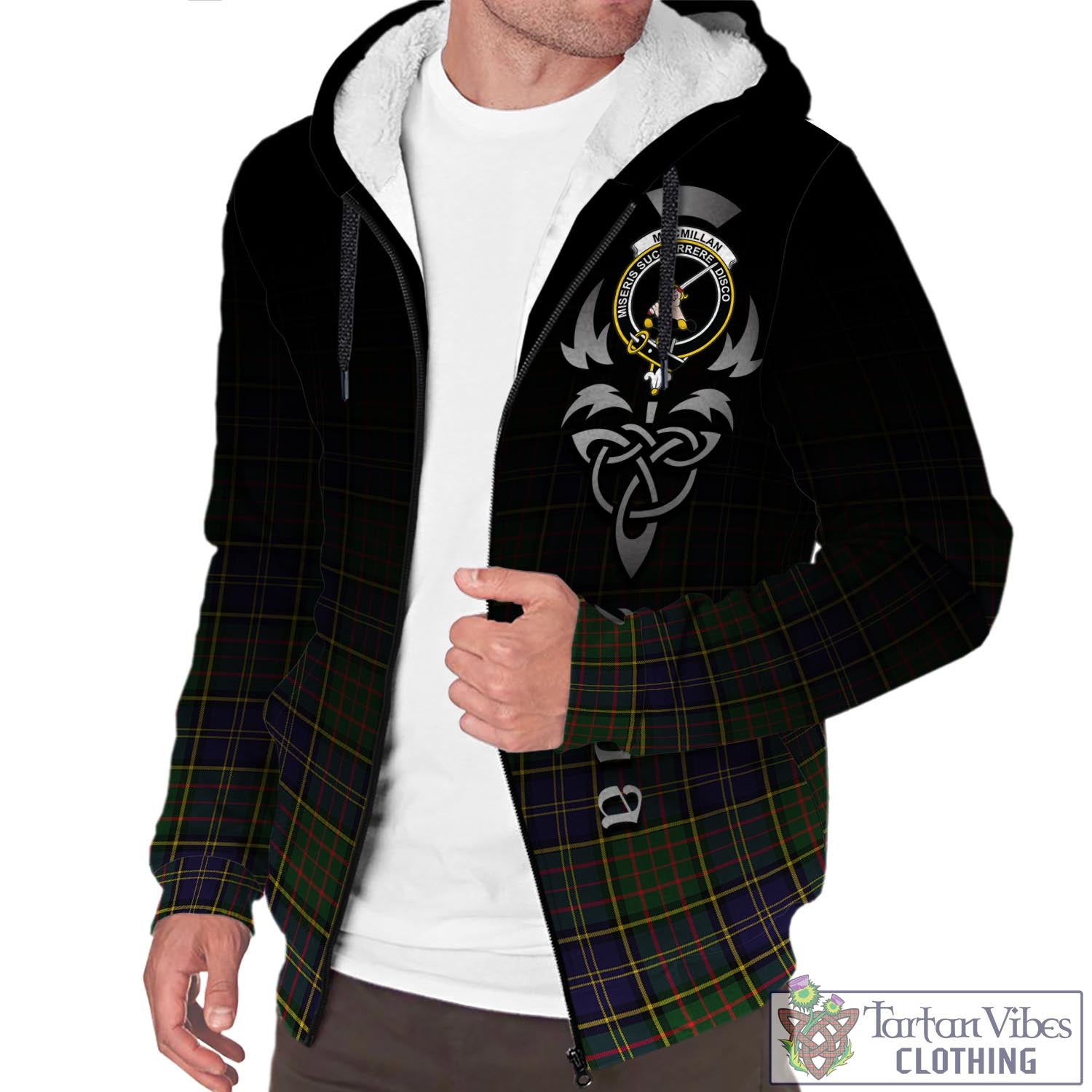 Tartan Vibes Clothing MacMillan Hunting Modern Tartan Sherpa Hoodie Featuring Alba Gu Brath Family Crest Celtic Inspired