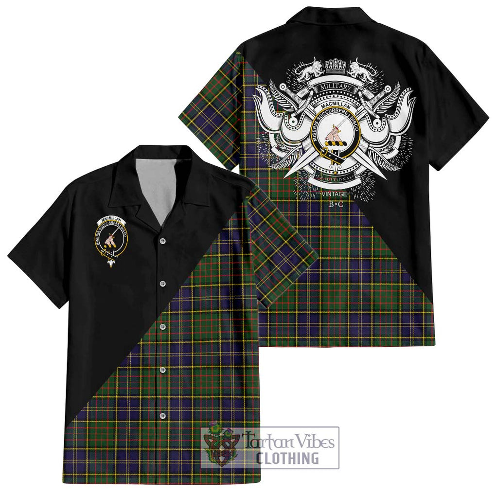 MacMillan Hunting Modern Tartan Short Sleeve Button Shirt with Family Crest and Military Logo Style Kid - Tartanvibesclothing Shop