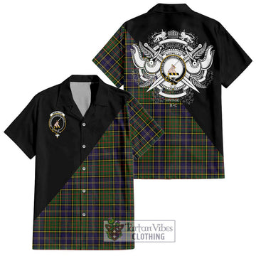 MacMillan Hunting Modern Tartan Short Sleeve Button Shirt with Family Crest and Military Logo Style