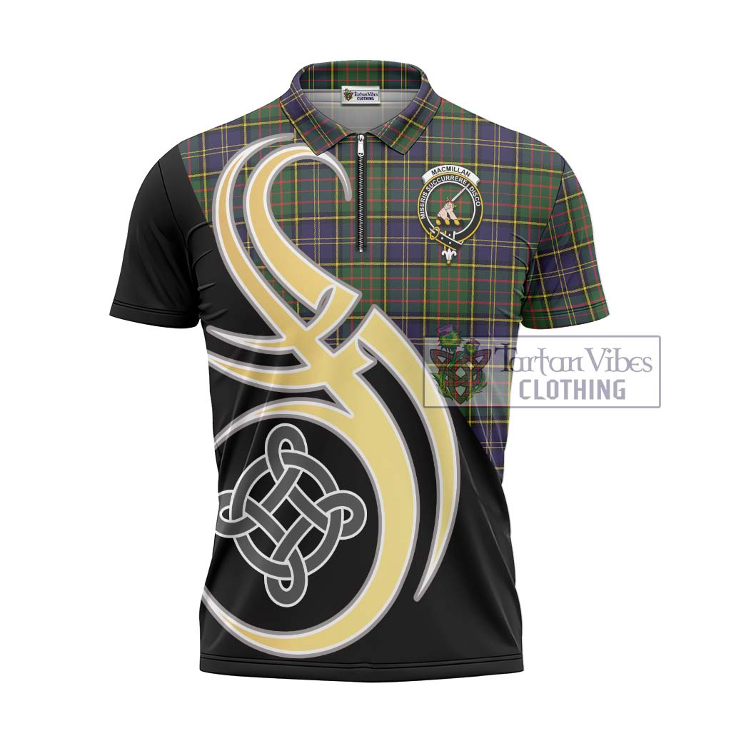 Tartan Vibes Clothing MacMillan Hunting Modern Tartan Zipper Polo Shirt with Family Crest and Celtic Symbol Style