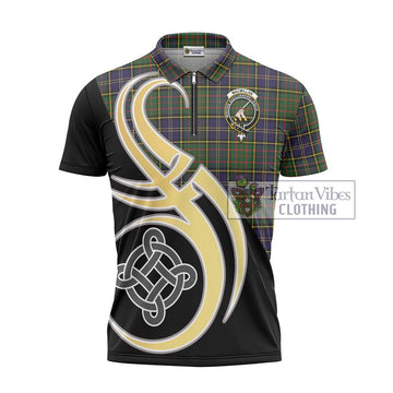 MacMillan Hunting Modern Tartan Zipper Polo Shirt with Family Crest and Celtic Symbol Style