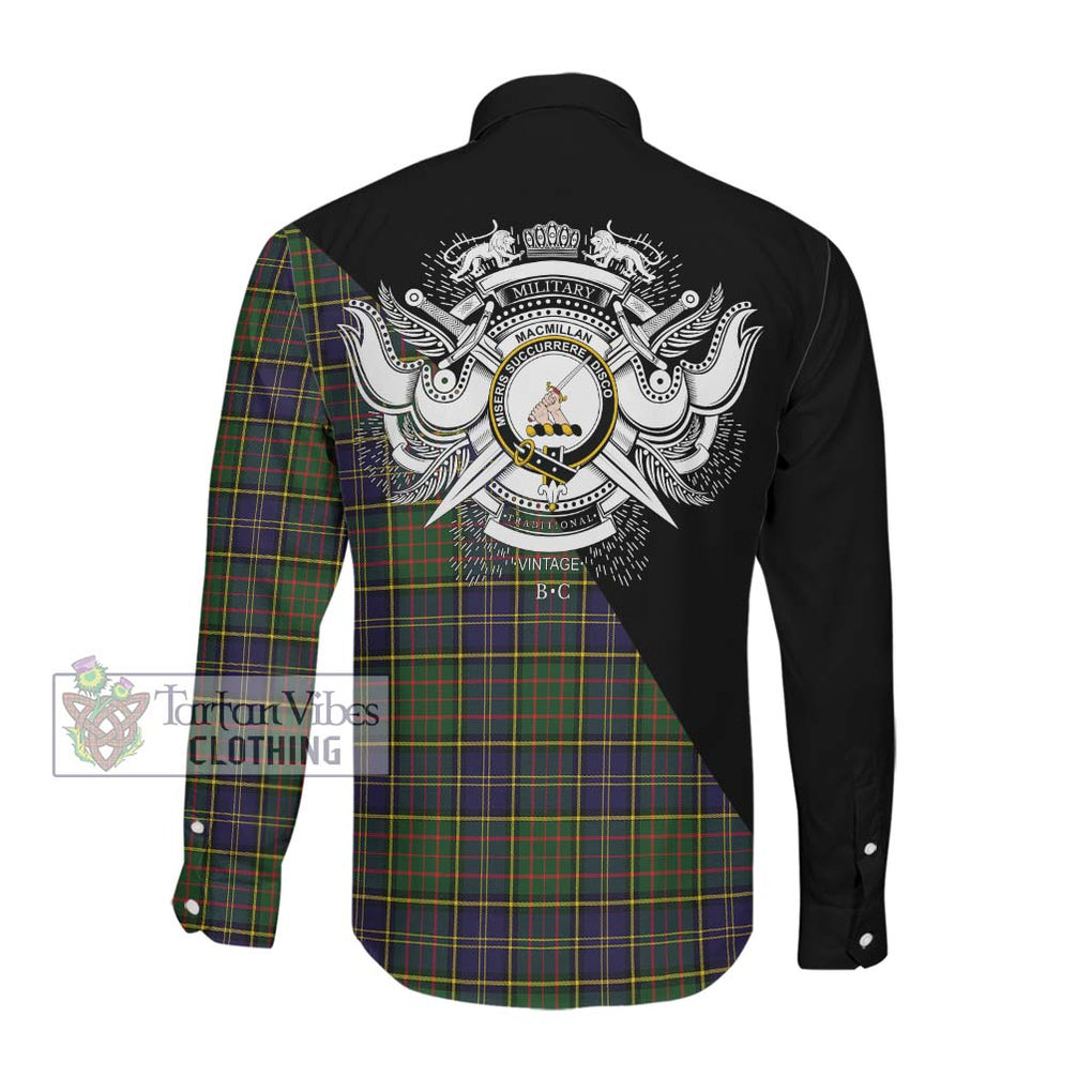 MacMillan Hunting Modern Tartan Long Sleeve Button Shirt with Family Crest and Military Logo Style Men's Shirt - Tartanvibesclothing Shop