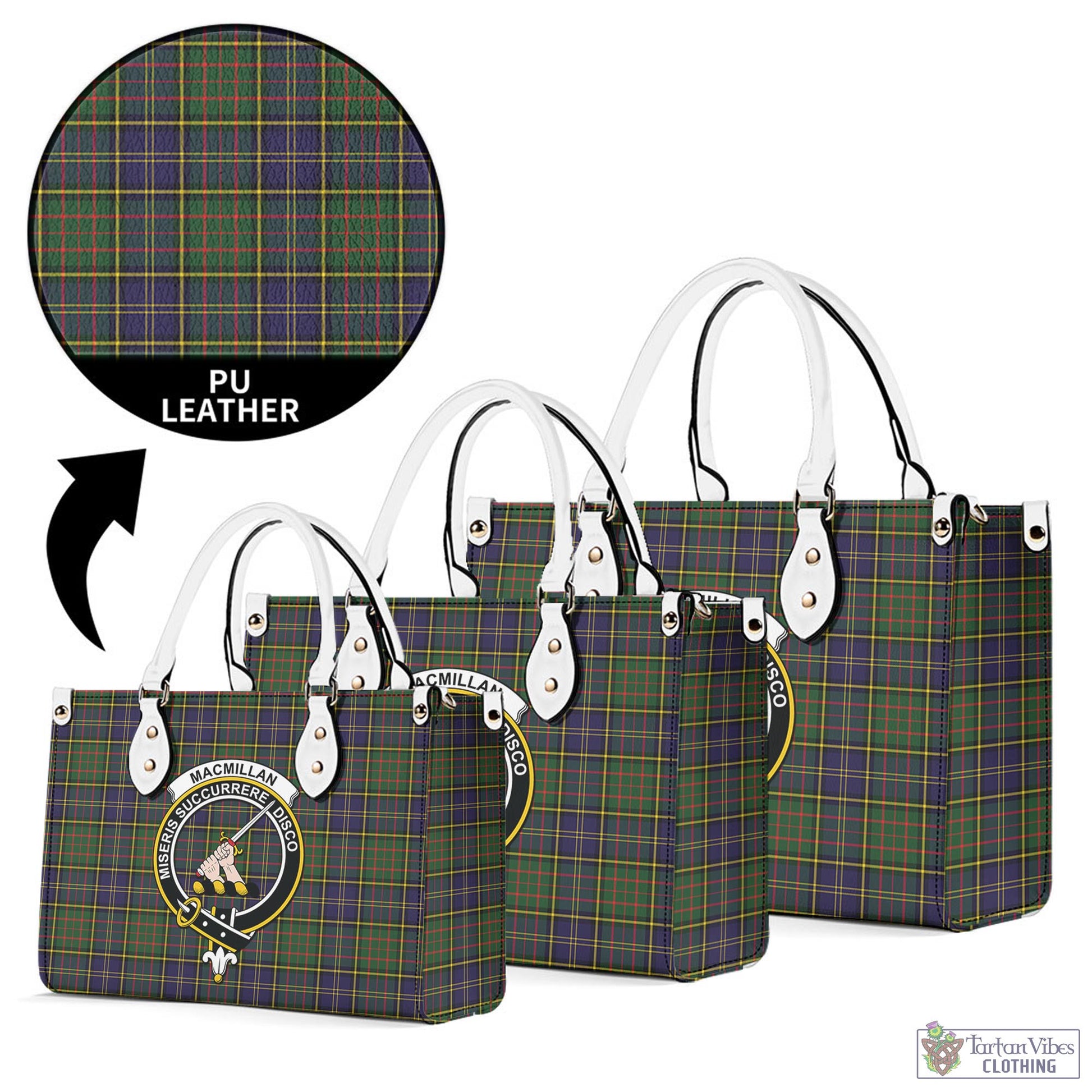 Tartan Vibes Clothing MacMillan Hunting Modern Tartan Luxury Leather Handbags with Family Crest