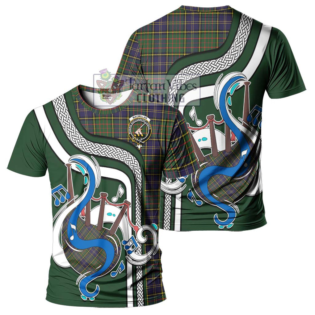 MacMillan Hunting Modern Tartan T-Shirt with Epic Bagpipe Style - Tartanvibesclothing Shop